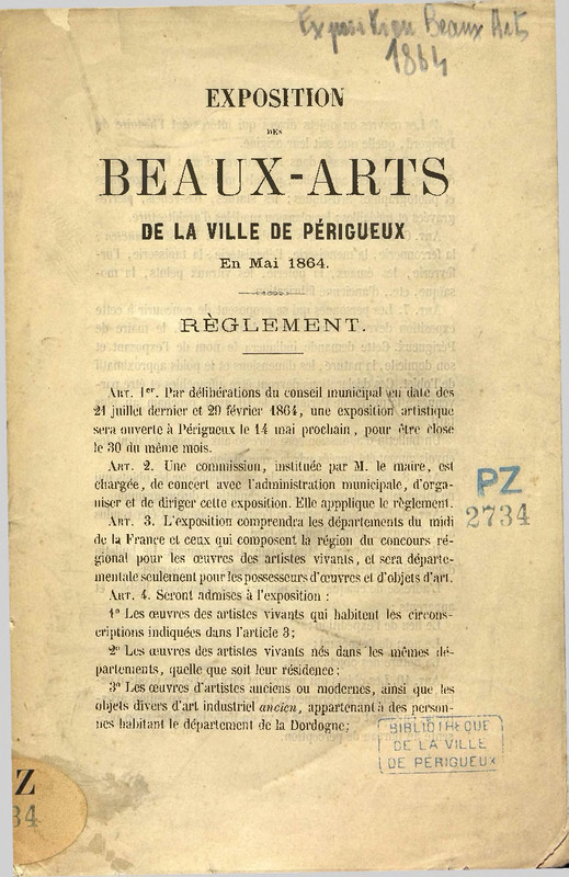 Exposition des beaux-arts de la Ville de Périgueux en mai 1864. Règlement