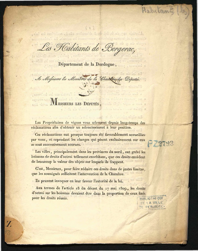 Les Habitants de Bergerac département de la Dordogne à Messieurs les membres de la chambre des députés