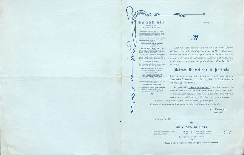 Lettre de participation et programme à la Matinée dramatique et musicale de  La Mie de Pain