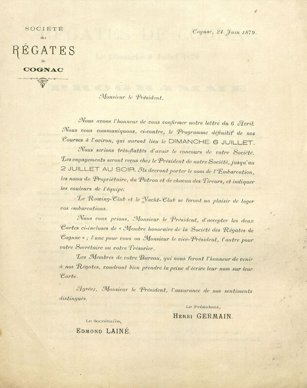 Lettre de la Société des Régates de Cognac