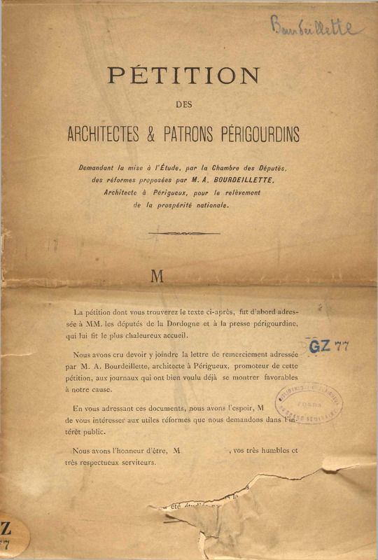 Pétition des architectes & patrons périgourdins : demandant la mise à l'étude, par la chambre des députés, des réformes proposées par