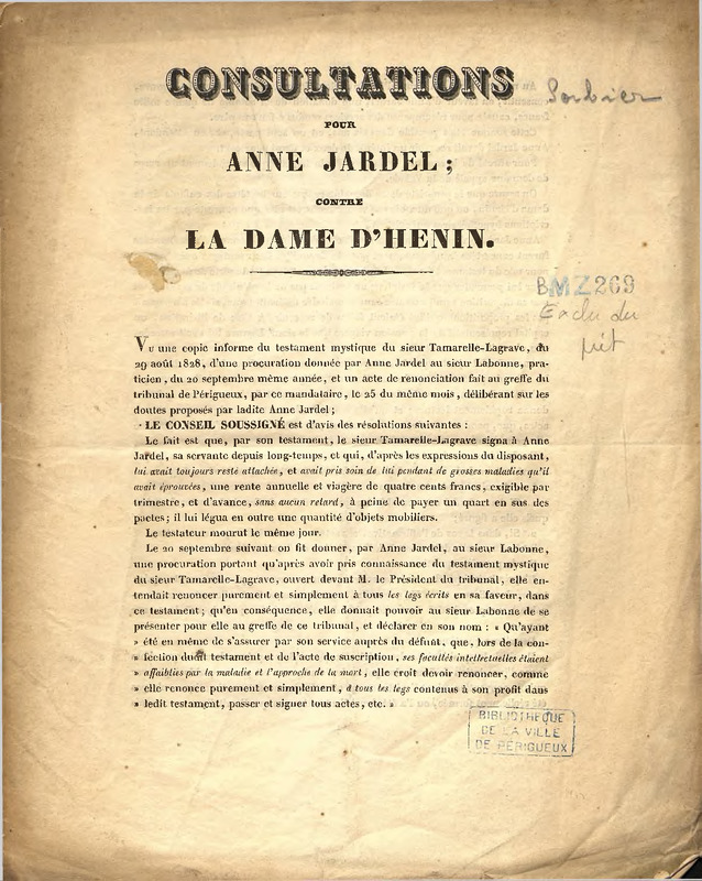 Consultations pour Anne Jardel contre la Dame d'Henin