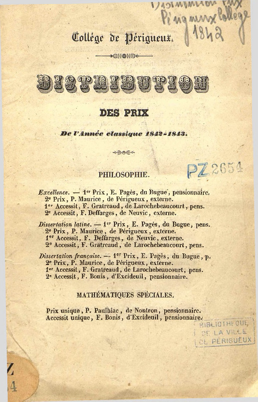 Collège de Périgueux : distribution des prix de l'année classique 1842-1843