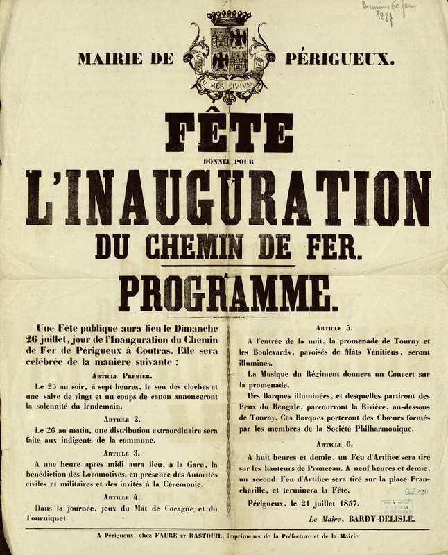 Fête donnée pour l'inauguration du chemin de fer de Périgueux à Coutras : programme
