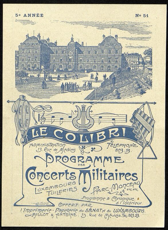Le Colibri. Programme Concerts Militaires. Jardin du Luxembourg