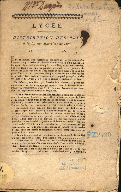 Lycée [de Limoges]. Distribution des prix à la fin des exercices de 1807