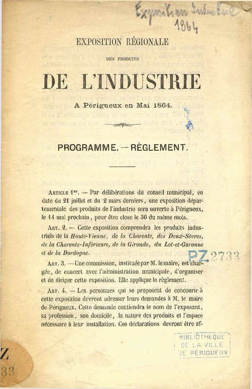 Exposition régionale des produits de l'industrie à Périgueux en mai 1864 : programme et réglement