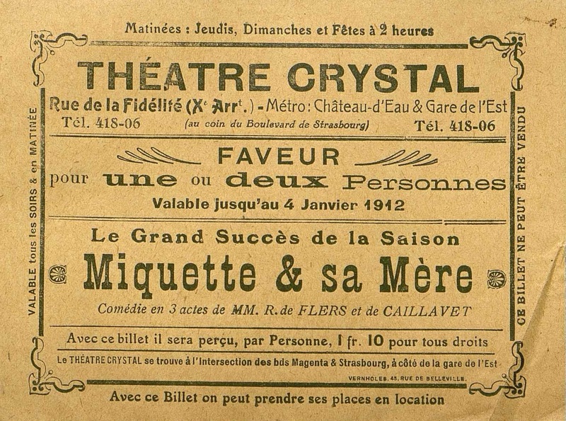 Billet pour le Théâtre Crystal "Miquette & sa mère"