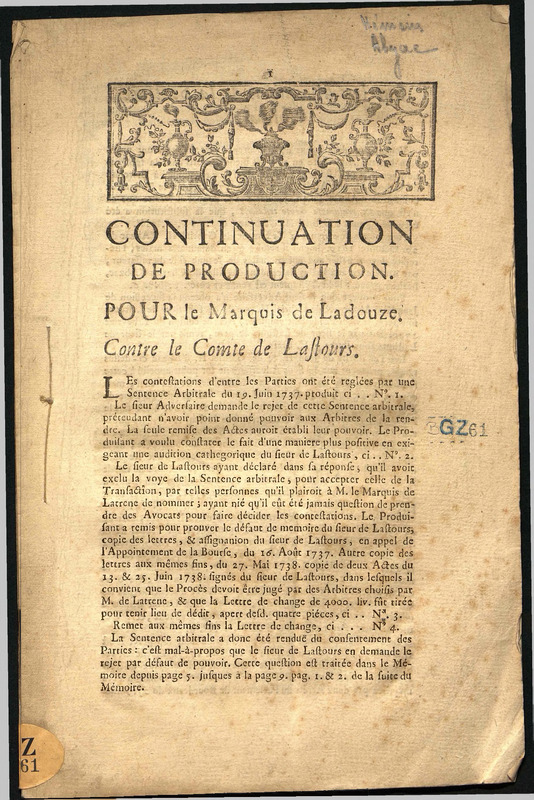 Continuation de production. Pour le marquis de Ladouze. Contre le comte de Lastours