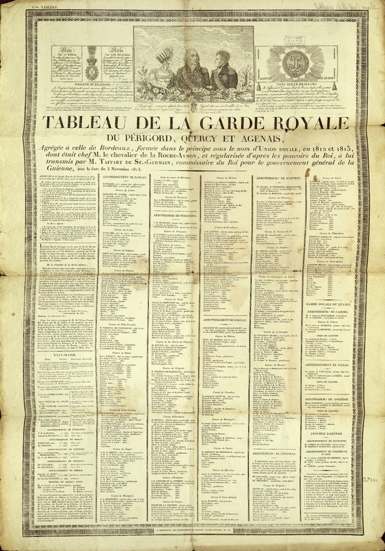 Tableau de la garde royale du Périgord, Quercy et Agenais, agrégée à celle de Bordeaux, formée dans le principe sous le nom d'Union royale, en 1812 et 1813, dont était chef M. le chevalier de la Roche-Aymon, et régularisée d'après les pouvoirs du Roi, à lui transmis par M. Taffart de St.-Germain, commissaire du Roi pour le gouvernement général de la Guienne, sous la date du 3 novembre 1813