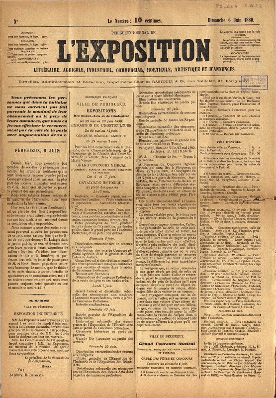 Périgueux journal de l'Exposition littéraire, agricole, industriel, commercial, horticole, artistique et d'annonce