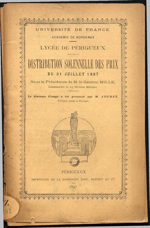 Lycée de Périgueux : distribution solennelle des prix : du 31 juillet 1897