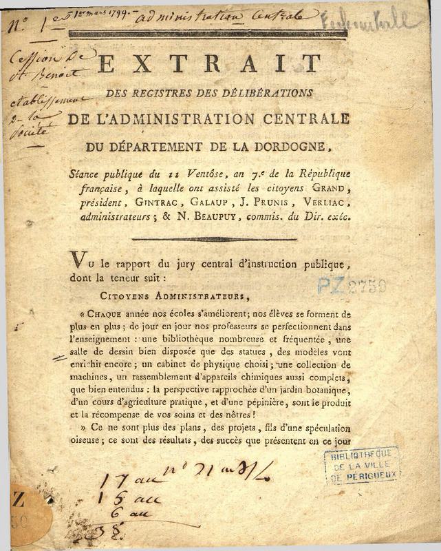 Extrait des registres des délibérations de l'administration centrale