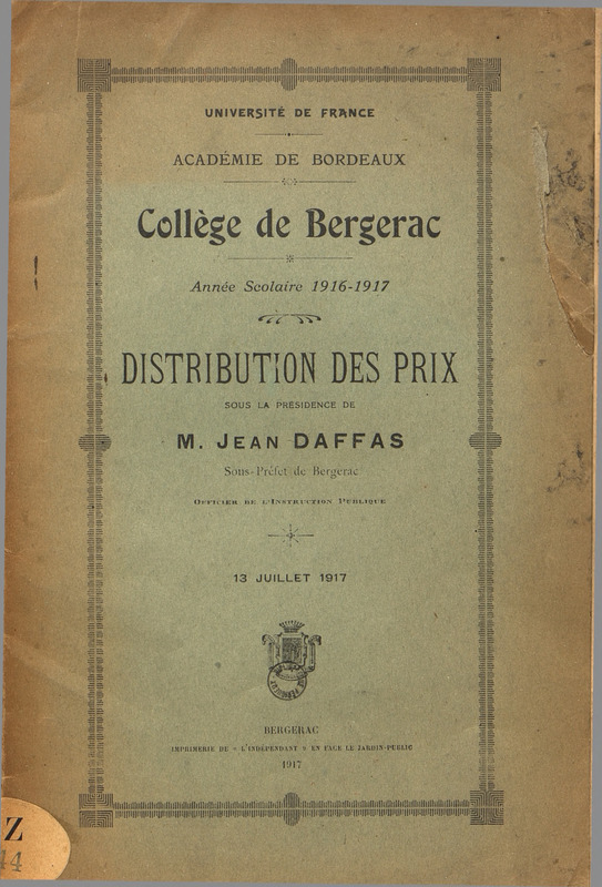 Collège de Bergerac. Année 1916-1917. Distribution des prix