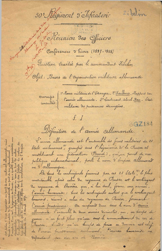 50e régiment d'infanterie : réunion des officiers : conférences d'hiver (1887-1888)