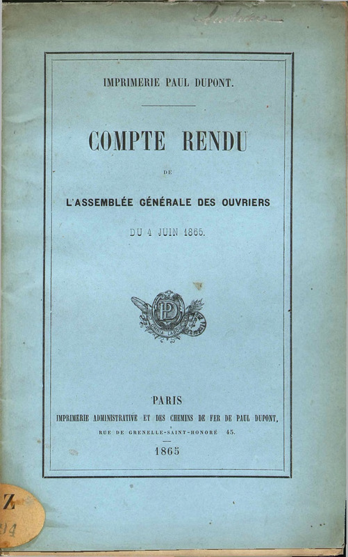 Compte-rendu de l'assemblée générale  des ouvriers du 4 juin 1865