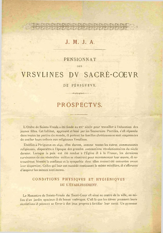 Pensionnat des Ursulines du Sacré-Coeur de Périgueux. Prospectus