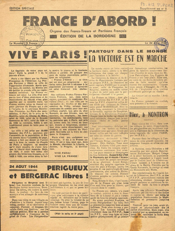 France d'abord ! Journal des Francs-Tireurs et Partisans Français