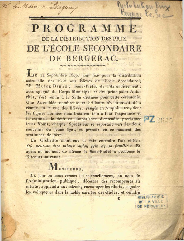 Programme de la distribution des prix de l’École secondaire de Bergerac