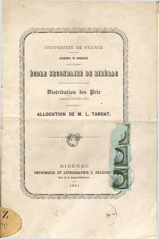 Ecole secondaire de Ribérac . Distribution des prix : année 1860-61