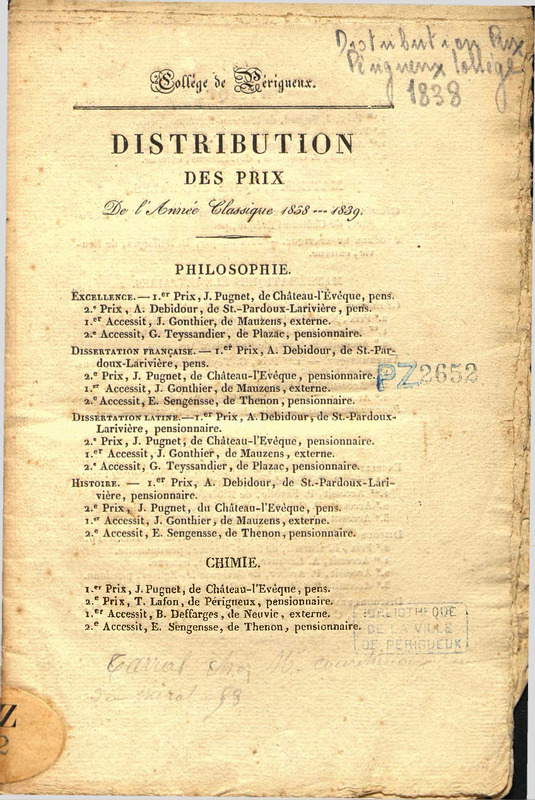 Collège de Périgueux. Distribution des prix. De l'année classique 1838-1839