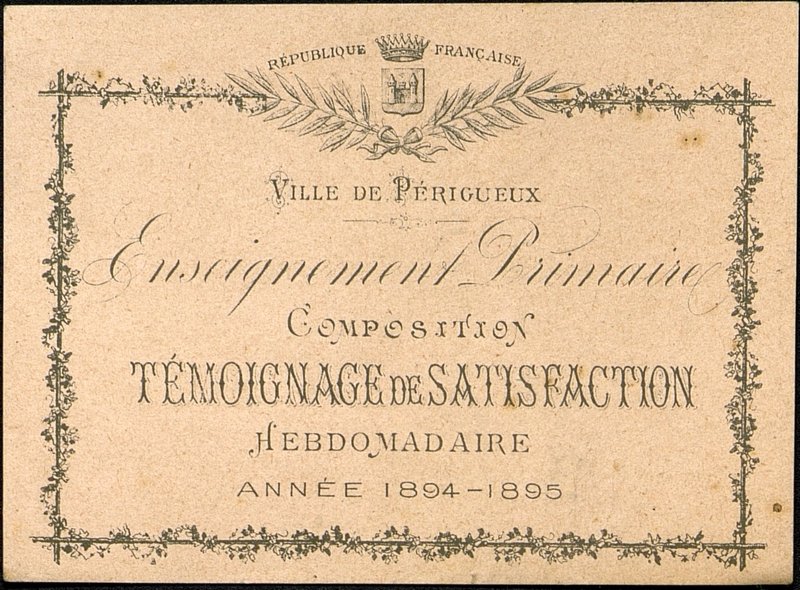 Enseignement primaire . Ville de Périgueux. Composition. Témoignage de satisfaction hebdomadaire