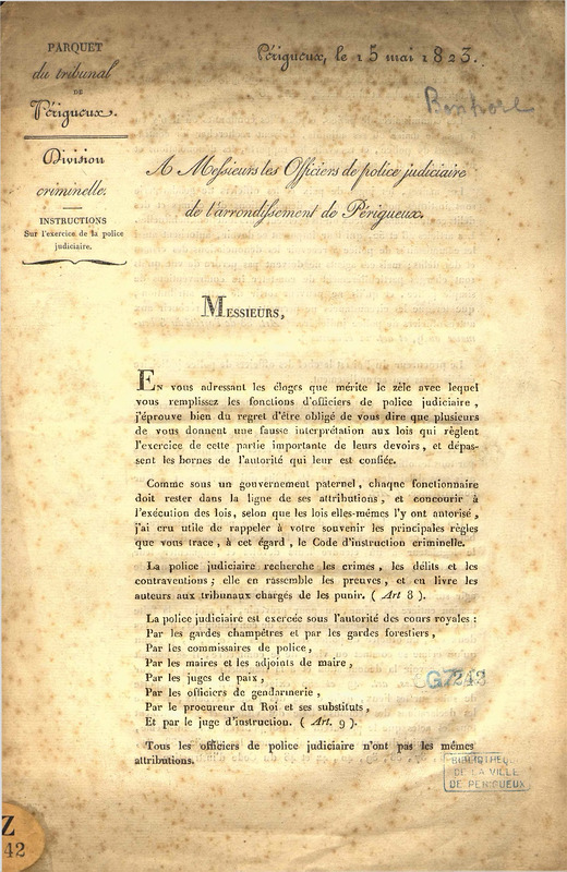 A Messieurs les officiers de police judiciaire de l'arrondissement de Périgueux