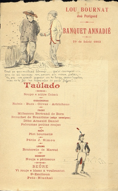 Menu du premier banquet du Bournat