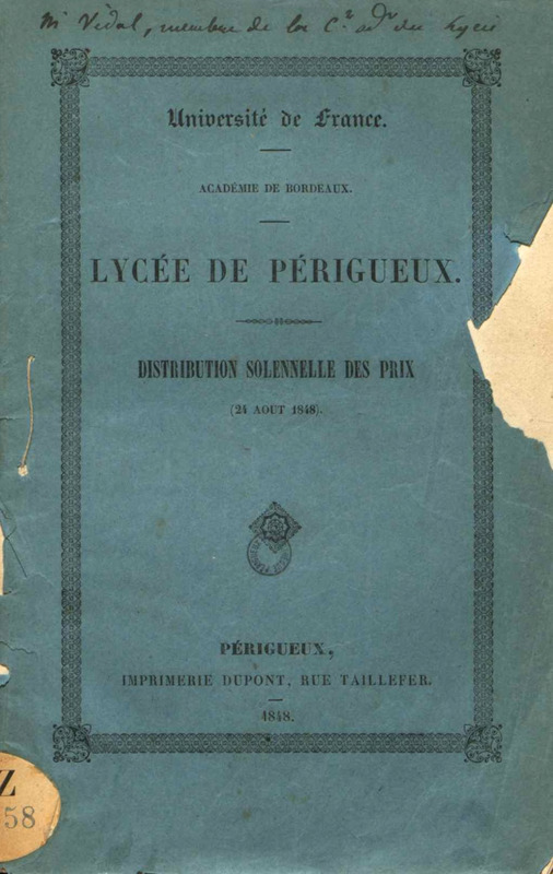 Université de France. Académie de Bordeaux. Lycée de Périgueux. Distribution solennelle des Prix (24 Août 1848)