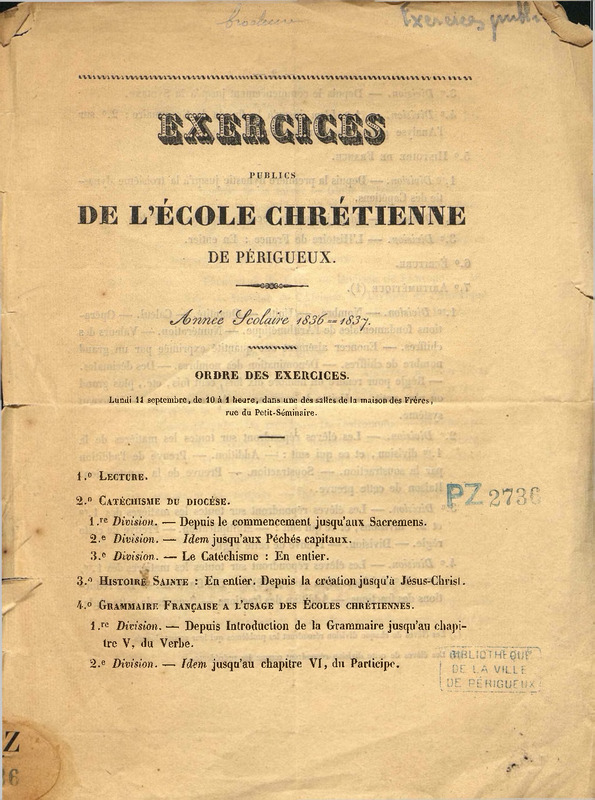 Exercices publics de l'Ecole chrétienne de Périgueux. Année scolaire 1836-1837