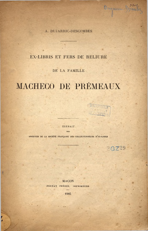 Ex-libris et fers de reliure de la famille Macheco de Prémeaux..