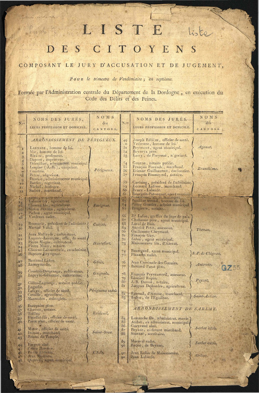 Liste des citoyens composant le jury d'accusation et de jugement pour le trimestre de Vendémiaire, an septième