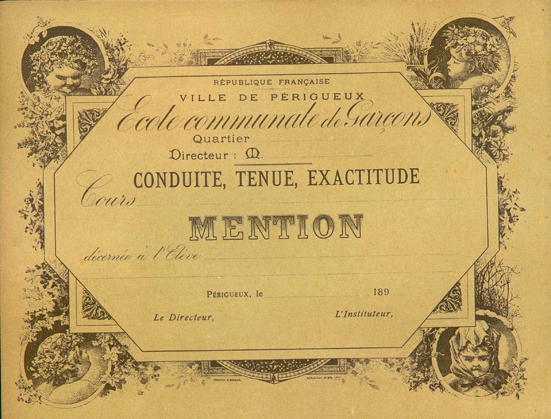 Ecole communale de garçons. Ville de Périgueux. conduite, tenue, exactitude.
