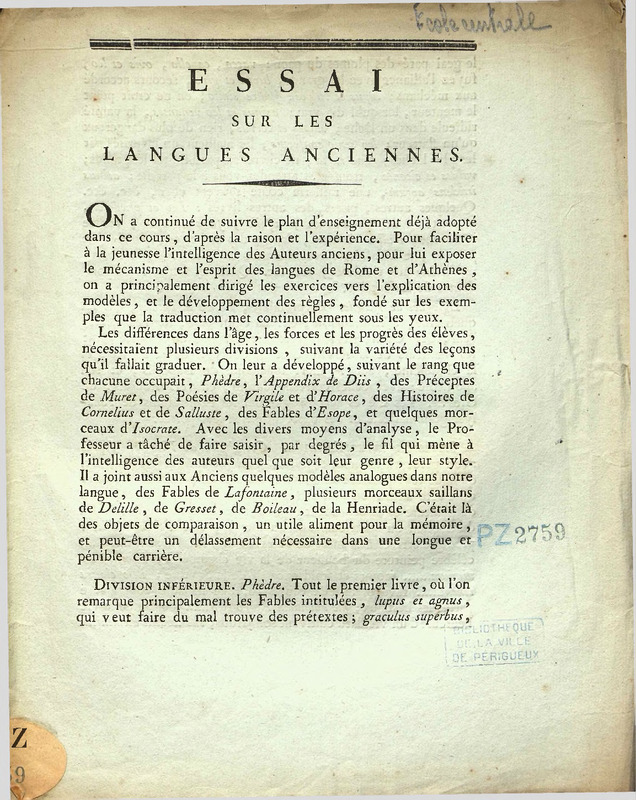 Essai sur les langues anciennes [à l’École centrale du département de la Dordogne]