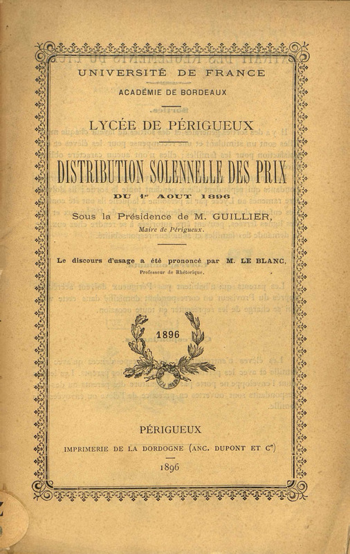 Lycée de Périgueux : distribution solennelle des prix : du 1er août 1896