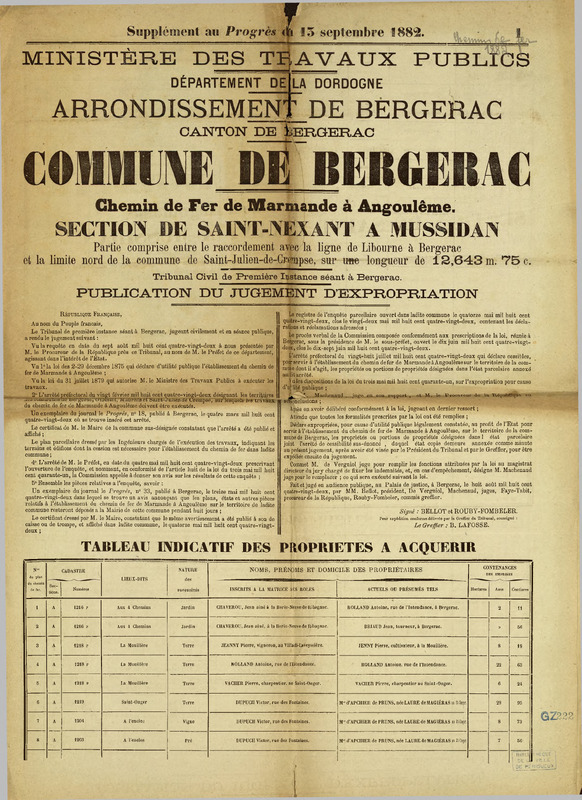 Commune de Bergerac : chemin de fer de Marmande à Angoulême, section de Saint-Nexant à Mussidan : publication du jugement d'expropriation