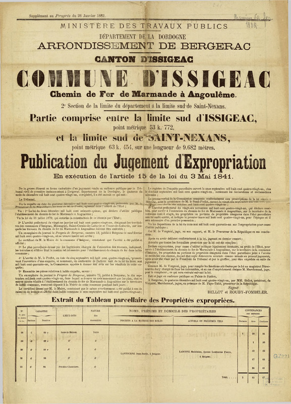 Commune d'Issigeac : chemin de fer de Marmande à Angoulême : 2e section de la limite du département à la limite sud de Saint-Nexans : partie comprise entre la limite sud d'Issigeac [...] : et la limite sud de Saint-Nexans [...] : publication du jugement d'expropriation en exécution de l'article 15 de la loi du 3 mai 1841